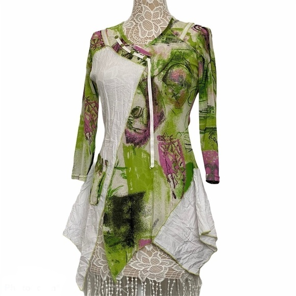 ME France Tops - Artistic Green & White Asymmetrical ME Made in France Mix fabric Bogo tunic Smal